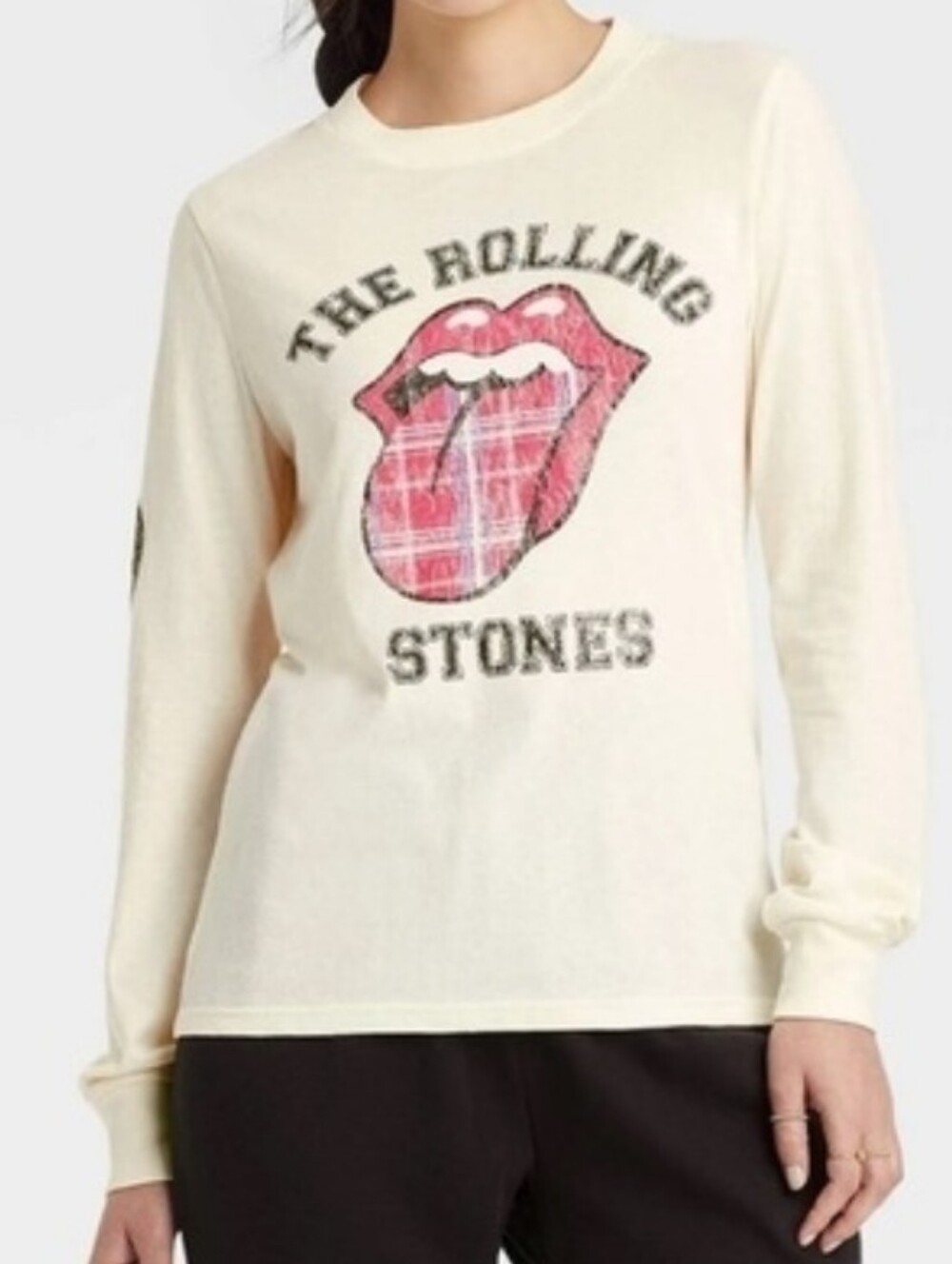 Rolling Stones "Lips" Graphic Long Sleeve Cream Colored Tee Shirt L